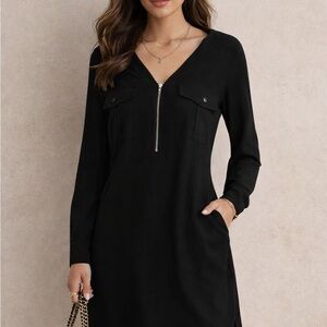 2016 Express Portofino Black Long Sleeve Zip Front Dress | Size M | V-Neck Mini